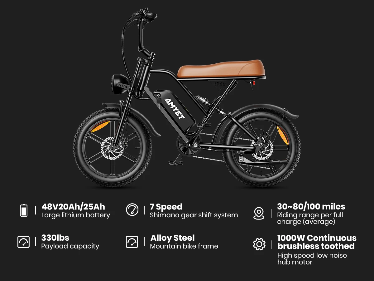 AMYET V9-G60 Adults Electric Bike 1000W Motor Bicycle 48V 20AH 20“ Tire Ebike Electric E Bikes Mountain Moped Ebikes For Men
