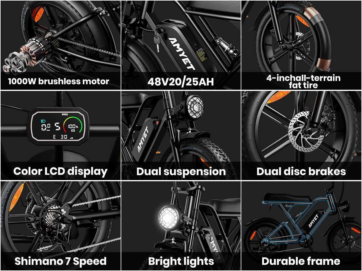 AMYET V9-G60 Adults Electric Bike 1000W Motor Bicycle 48V 20AH 20 Inch Tire Ebike Electric E Bikes Mountain Moped Ebikes For Men