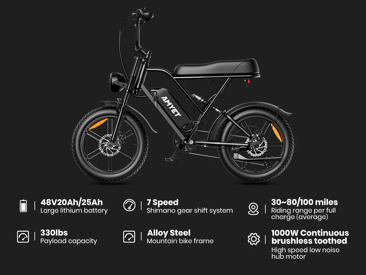 AMYET V9-G60 Adults Electric Bike 1000W Motor Bicycle 48V 20AH 20 Inch Tire Ebike Electric E Bikes Mountain Moped Ebikes For Men