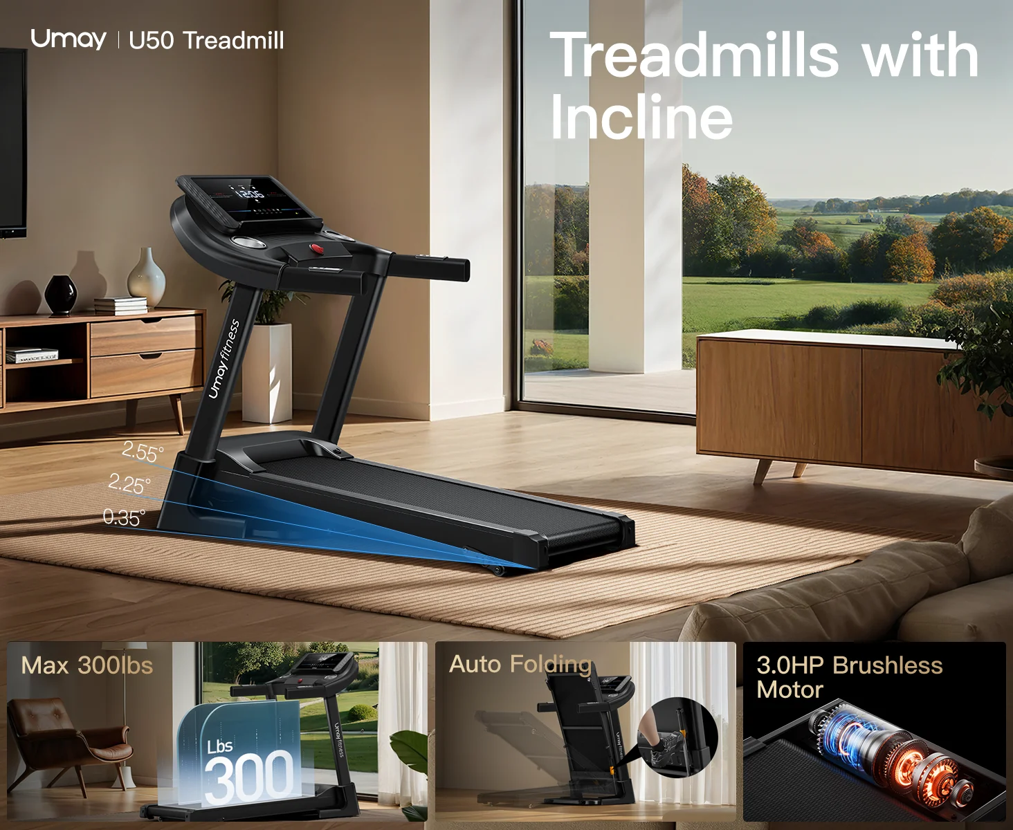 Home Folding Incline Treadmill with Pulse Sensors, 3.0 HP Quiet Brushless, 300 lbs Capacity