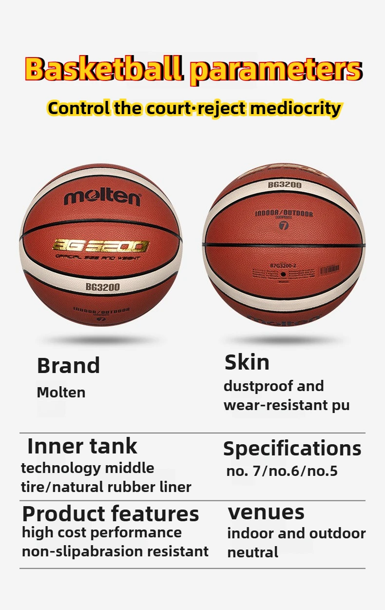 Molten BG3200 Size 7 Basketball - Durable PU Cover & Rubber Bladder for Indoor Outdoor Training